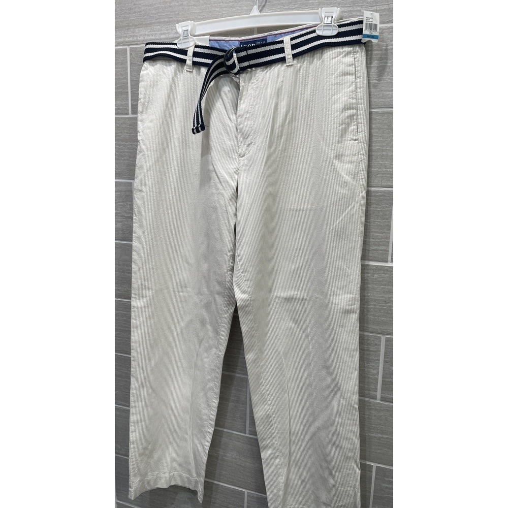 Izod‎ Sandy Bay Seersucker 36x32" Stone Flat Front Straight Pants With Belt NWT